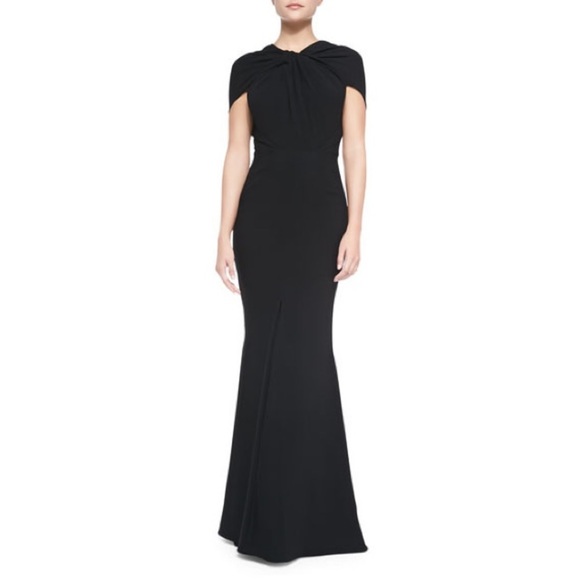 Talbot Runhof Red Crepe Golatta Draped High-Slit Split-Shoulder Halter Gown Sz 6 - Picture 11 of 12